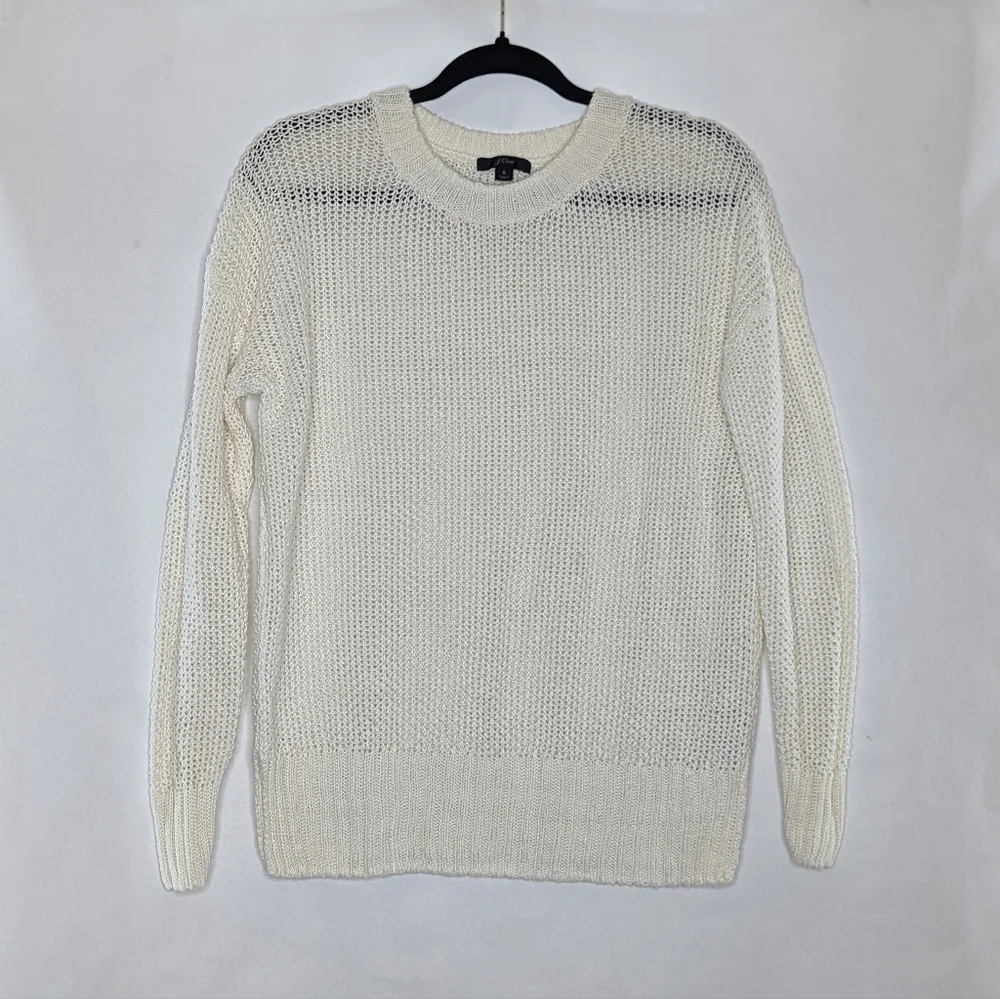 JCrew Women Top Sweater Small Ivory Off White Knit Light 100% Linen Pullover